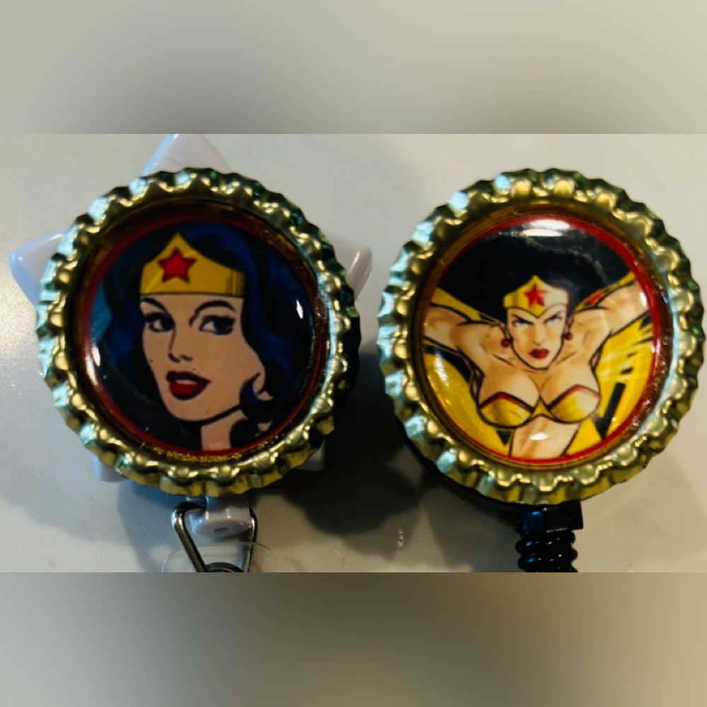 2 Gold Wonder Woman Nurse RN ID Badge Reel Holders Alligator Clips Full Swivel